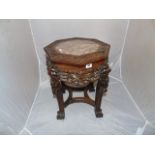 ASIAN HARDWOOD PLANT STAND HEAVILY CARVED WITH INSET MARBLE TOP 18 ins HIGH X14 ins DIA EST [£80-£