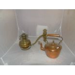 VICTORIAN BRASS HANGING LAMP WITH BRACKET & A COPPER KETTLE