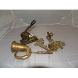 BRASS PIANO SCONCES. CAR HORN AND PAPER NAME STAMP EST[£10-£20]