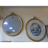 A PAIR OF EARLY 19TH C OVAL GILT FRAMED COMPOSITIONS OF A MIRROR & AN CHILDRENS LITHOGRAPH BY L