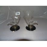 TWO ETCHED GLASS HORNS OF CORNUCOPIA ON EBONY BASE WITH IVORY STYLE FEET EST [£25-£50]