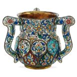 Three handled vermeil and cloisonne' enamels cup Moscow, 1896 - 1908 weight 558 gr.