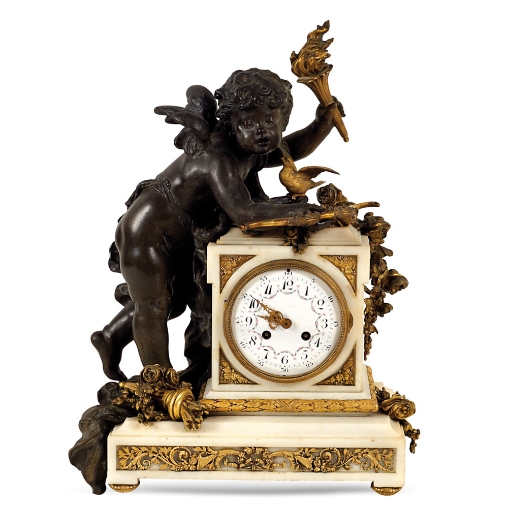 White marble burnished and bronze clock