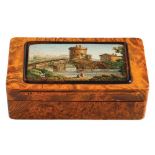 Root wood tobacco tin with a micromosaic plaque