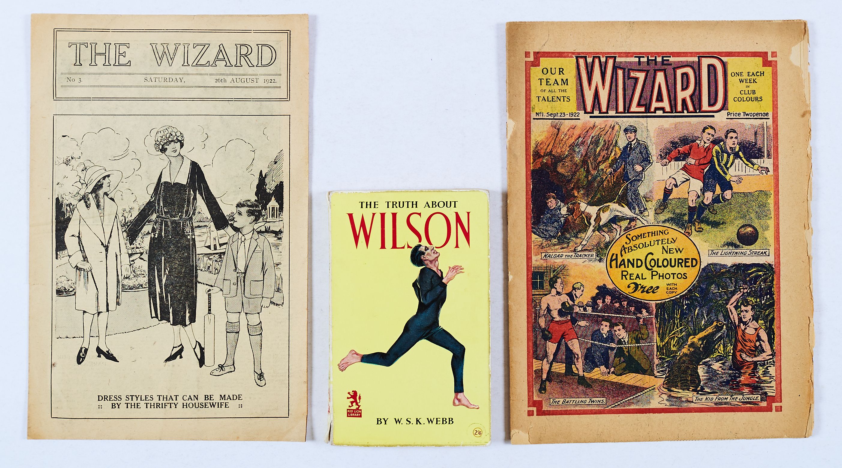 Wizard No 1 (1922). Worn brittle R H edges to cover and 2 interior pages. With Wizard No 3 (26 Aug