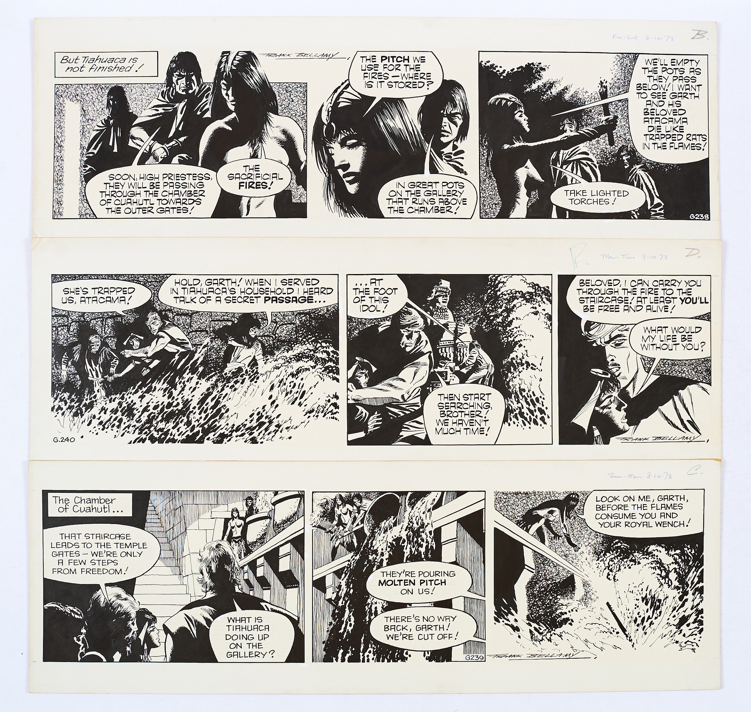 Garth: 3 original consecutive artworks (1973) drawn and signed by Frank Bellamy from the Daily
