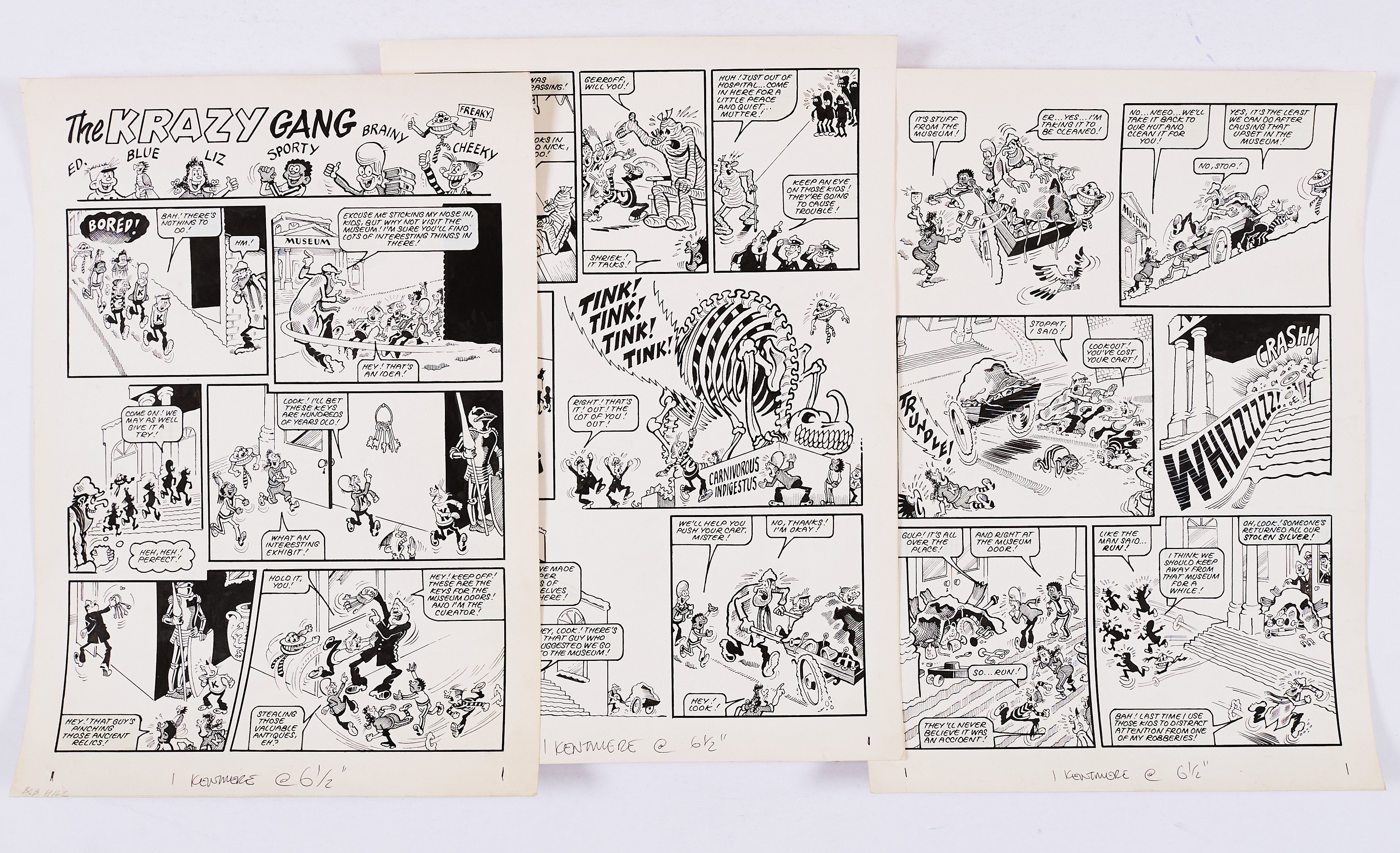 Krazy Gang: 3 original artworks (1978) by Bob Hill from Krazy Comic. From the Bob Monkhouse Archive.