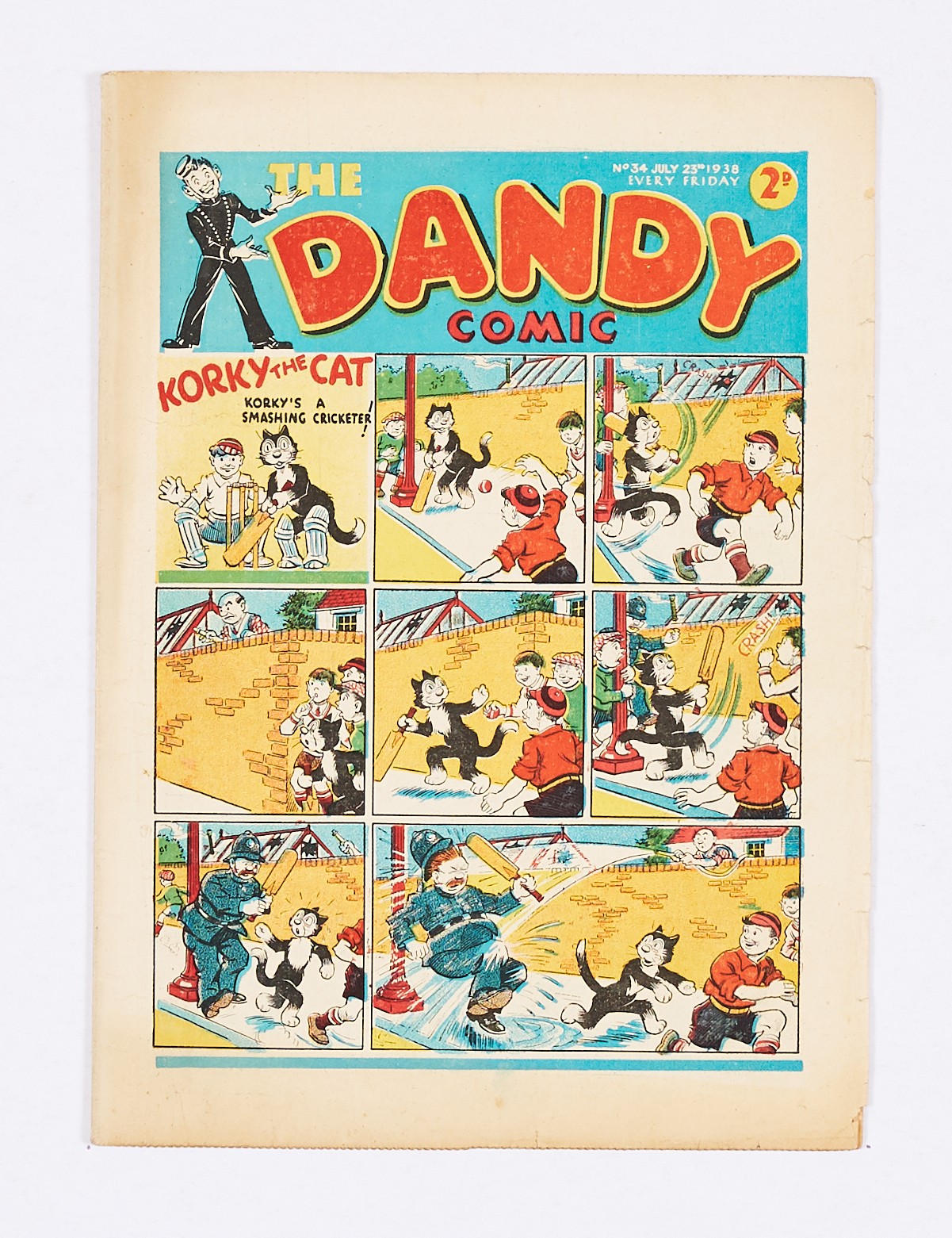 Dandy No 34 (1938). Pg 5 illustrated ad for Beano No 1. Bright cover colours with overhang edge wear