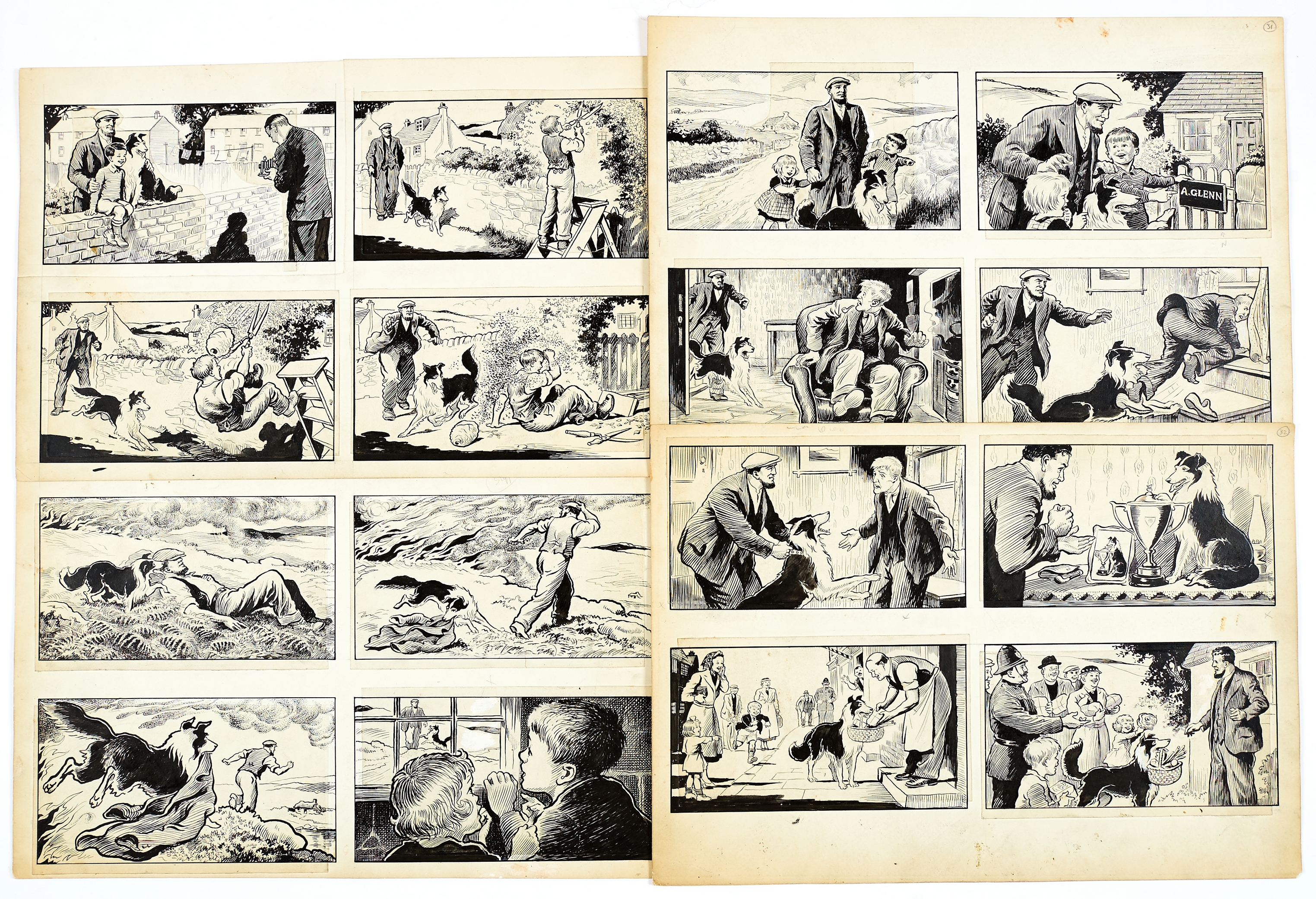 Black Bob: 4 original 4-panel artworks (1950s) by Jack Prout for The Dandy/Black Bob Books. Indian