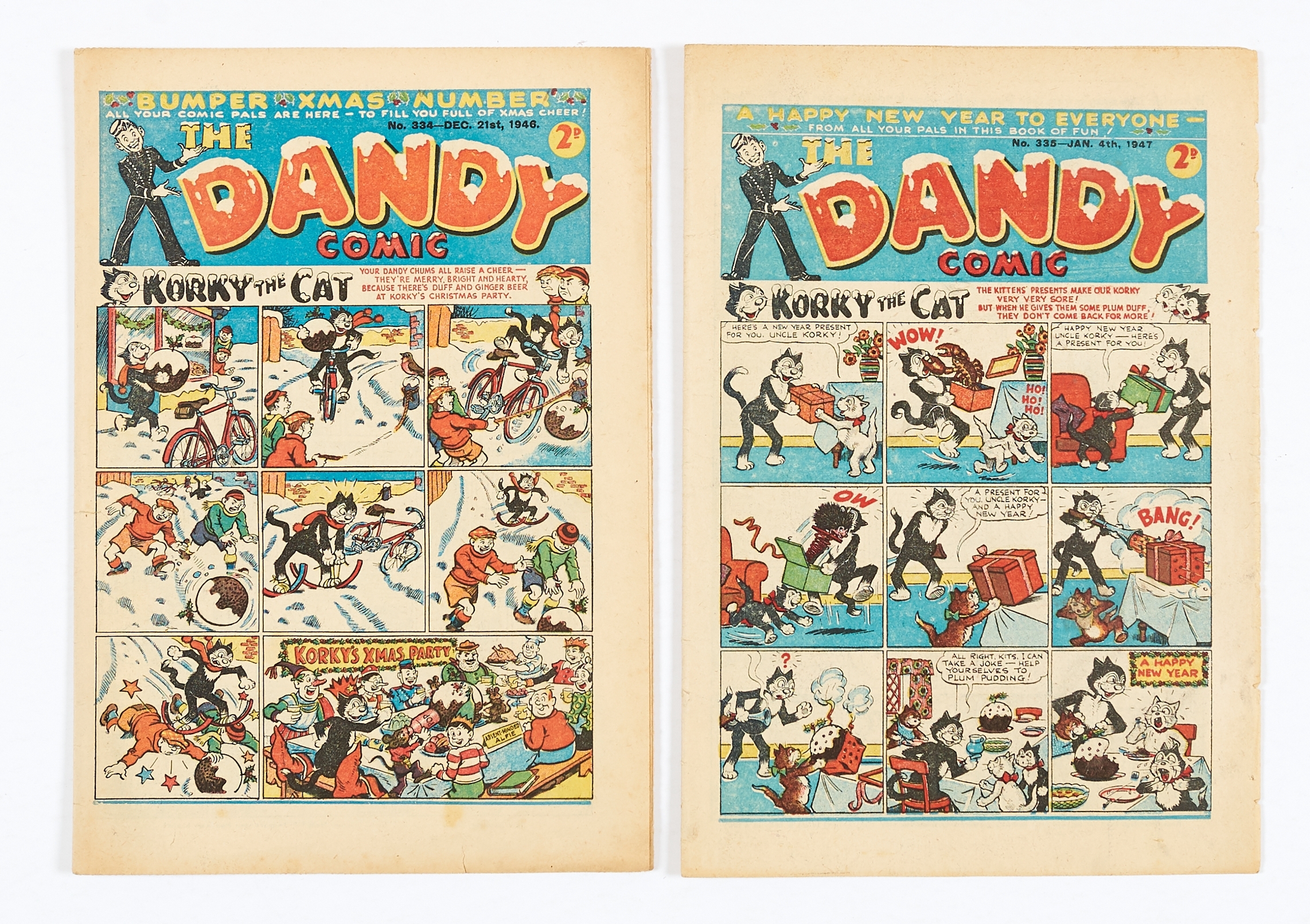 Dandy 334 (1946) Bumper Xmas Number [fn]. With Dandy 335 91947) New Year [vg+] (2)