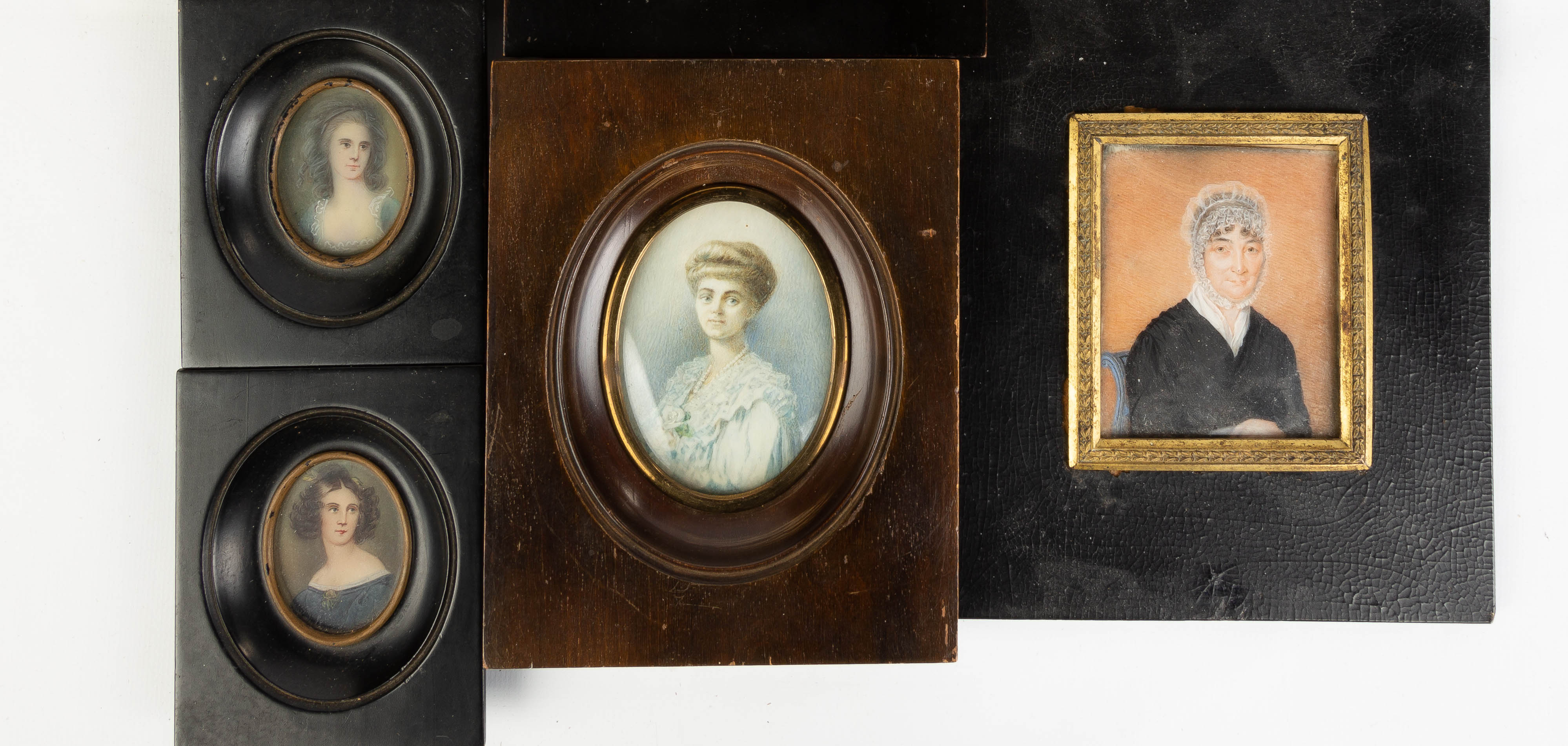 Four Miniatures of Women. 19th century. Max 4". Online bidding available: https://live.