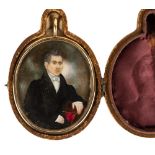 Early 19th Century Miniature Portrait of a Gentleman . Leather case. 3" x 2 1/2" . Online bidding