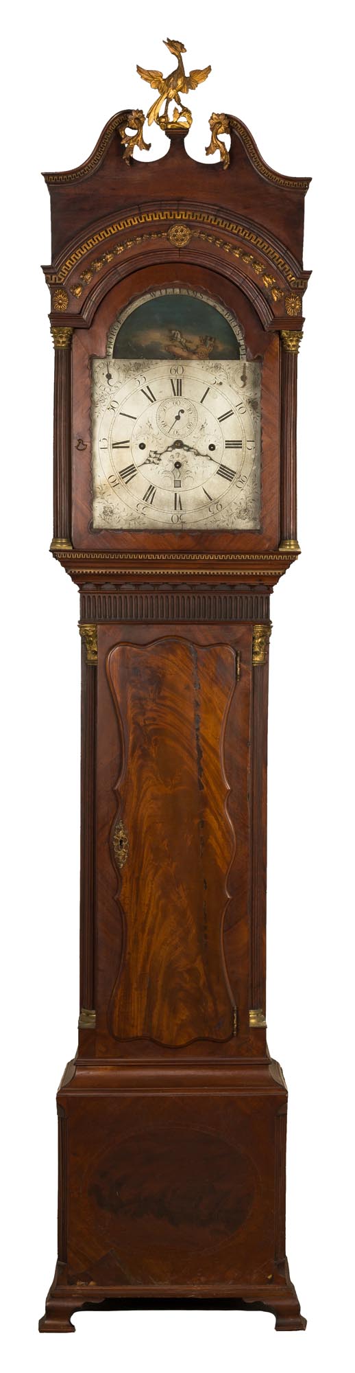 Bristol English Musical Tall Case Clock. Chariot rocking movement, silver engraved dial, with carved