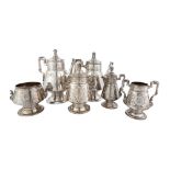 Ball, Black & Co. Egyptian Revival Six Piece Tea Set. Sterling, hand chased. 111 ozt. Monogrammed,