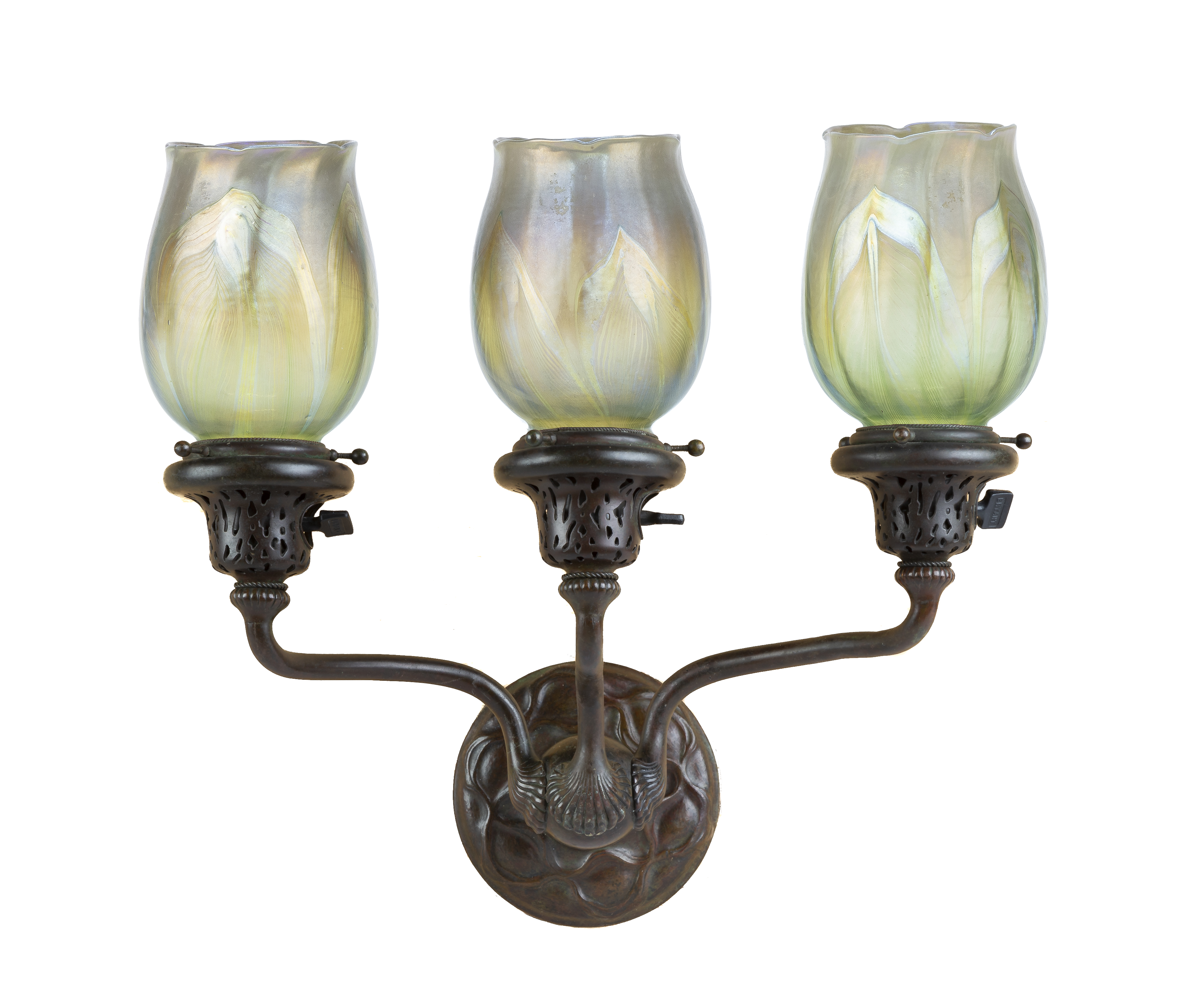 Pair of Tiffany Studios, New York, Three Arm Sconces. Early 20th century. Brown patina. Shades are - Image 4 of 4