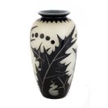 Steuben Mirror Black Over Alabaster Acid Cut-Back Vase. Unsigned. Ht. 10" Dia. 5 1/2". The Frank &