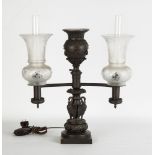 Argon Lamp with Etched & Cut Shades. Early 19th century. Decorated bronze base with swans. Has