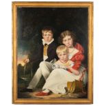 19th Century Family Portrait of Children & Bird. Oil on canvas. Scattered touch up in background and