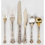 Tiffany English King Dinner Flatware Set. 70 pieces. Monogrammed "E". 12 forks, 7 3/4". 11 knives, 7