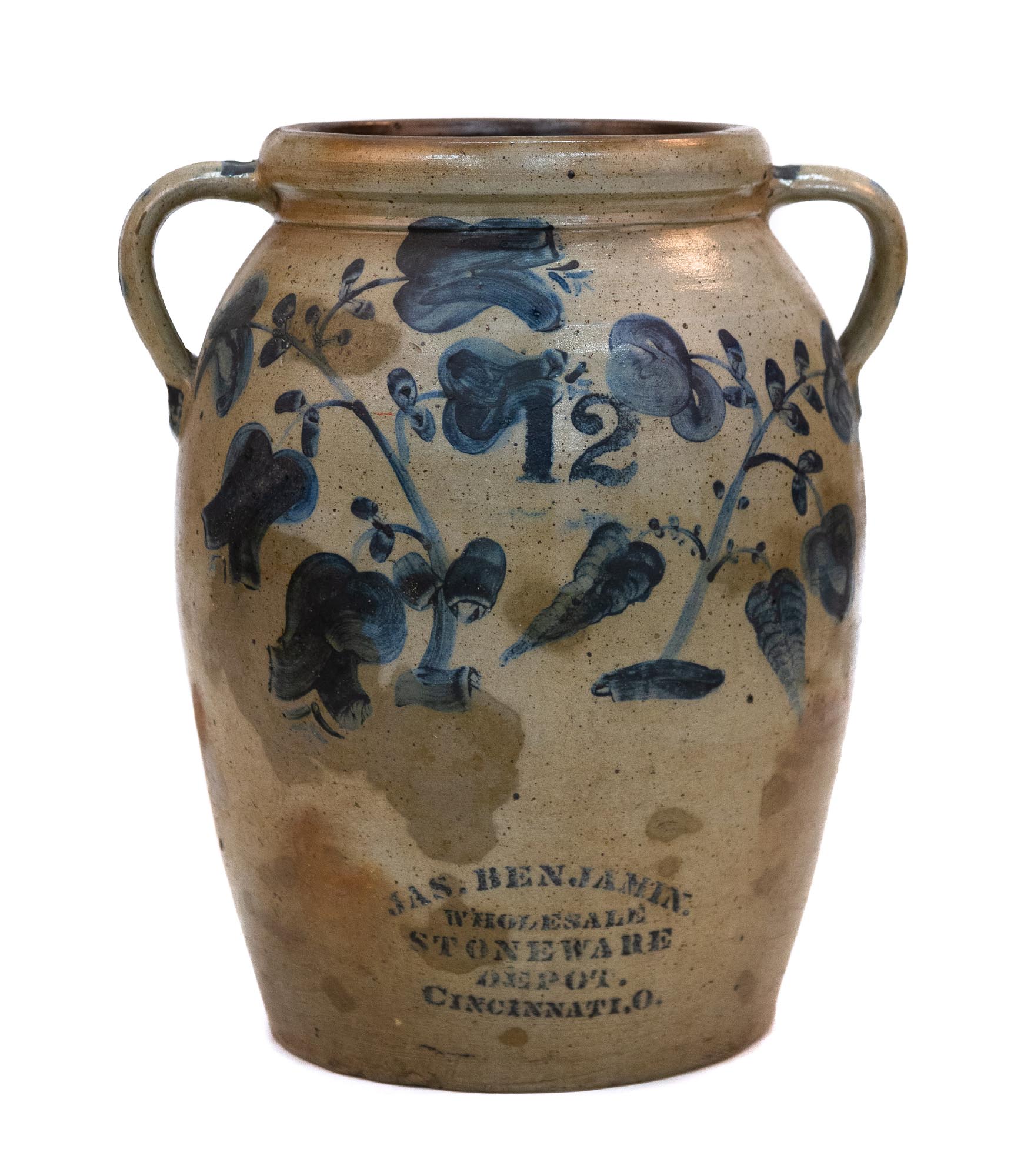 12 Gallon Jas. Benjamin Floral Decorated Ovoid Stoneware Pot. With handles, stylized flowers. In