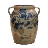 12 Gallon Jas. Benjamin Floral Decorated Ovoid Stoneware Pot. With handles, stylized flowers. In
