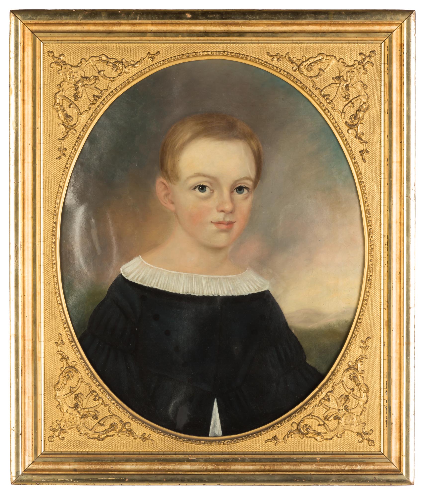 19th Century Portrait Painting of a Young Boy. Oil on canvas. Original gilt wood frame. A few