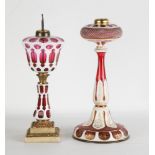 New England Cranberry Overlay & Enameled Oil Lamp Base. 19th century. Ht. 19". Online bidding