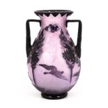 Rare Steuben Amethyst Acid Cut Back Handled Vase. #6370 Duck. Excellent. Ht. 13" W 8". The Frank &