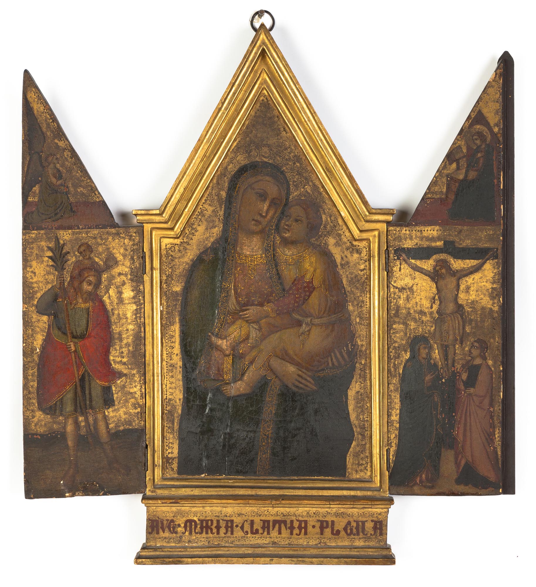 Early Russian Icon Triptych. Tempera on wood. Depicting Mary and Child. Some minor wear and loss.