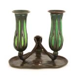 Tiffany Studios , New York, Chamber Candlestick. #4381. With blown out glass. Brownish-green patina.