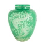 Steuben Green Jade to Alabaster Acid Cut-Back Vase. #6272. Fish Form. Inscribed Steuben F. Carder.