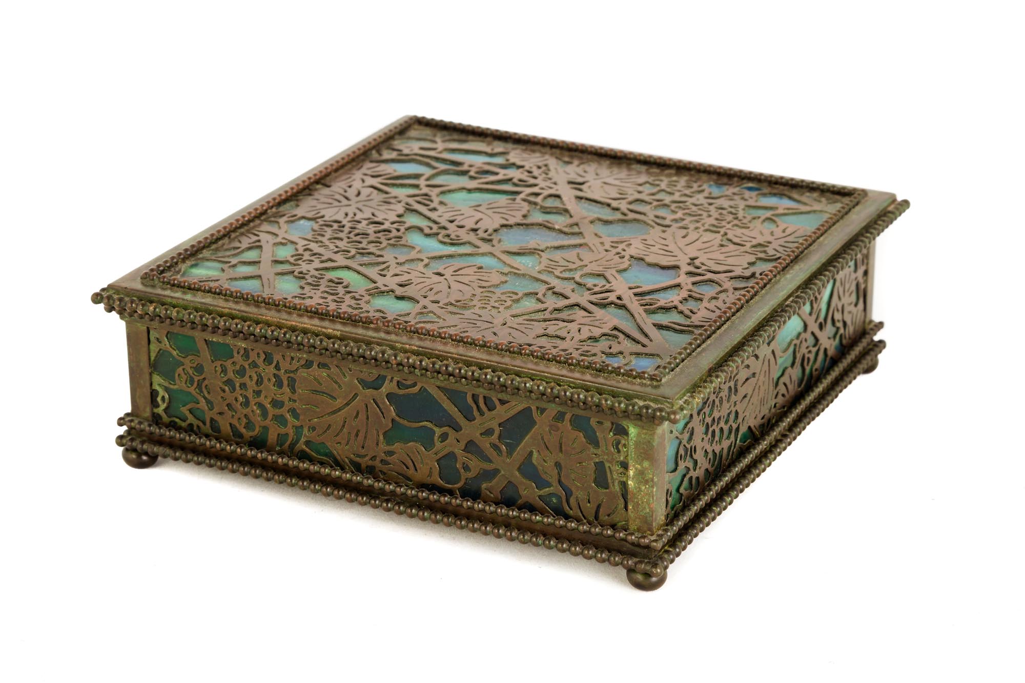 Tiffany Studios , New York, Grapevine Covered Box. #821. Bronze and blue-green glass. Brownish-green