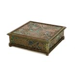 Tiffany Studios , New York, Grapevine Covered Box. #821. Bronze and blue-green glass. Brownish-green