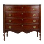 Sheraton Bow Front Mahogany Four-Drawer Dresser. circa 1820. With banded inlaid and period pulls.