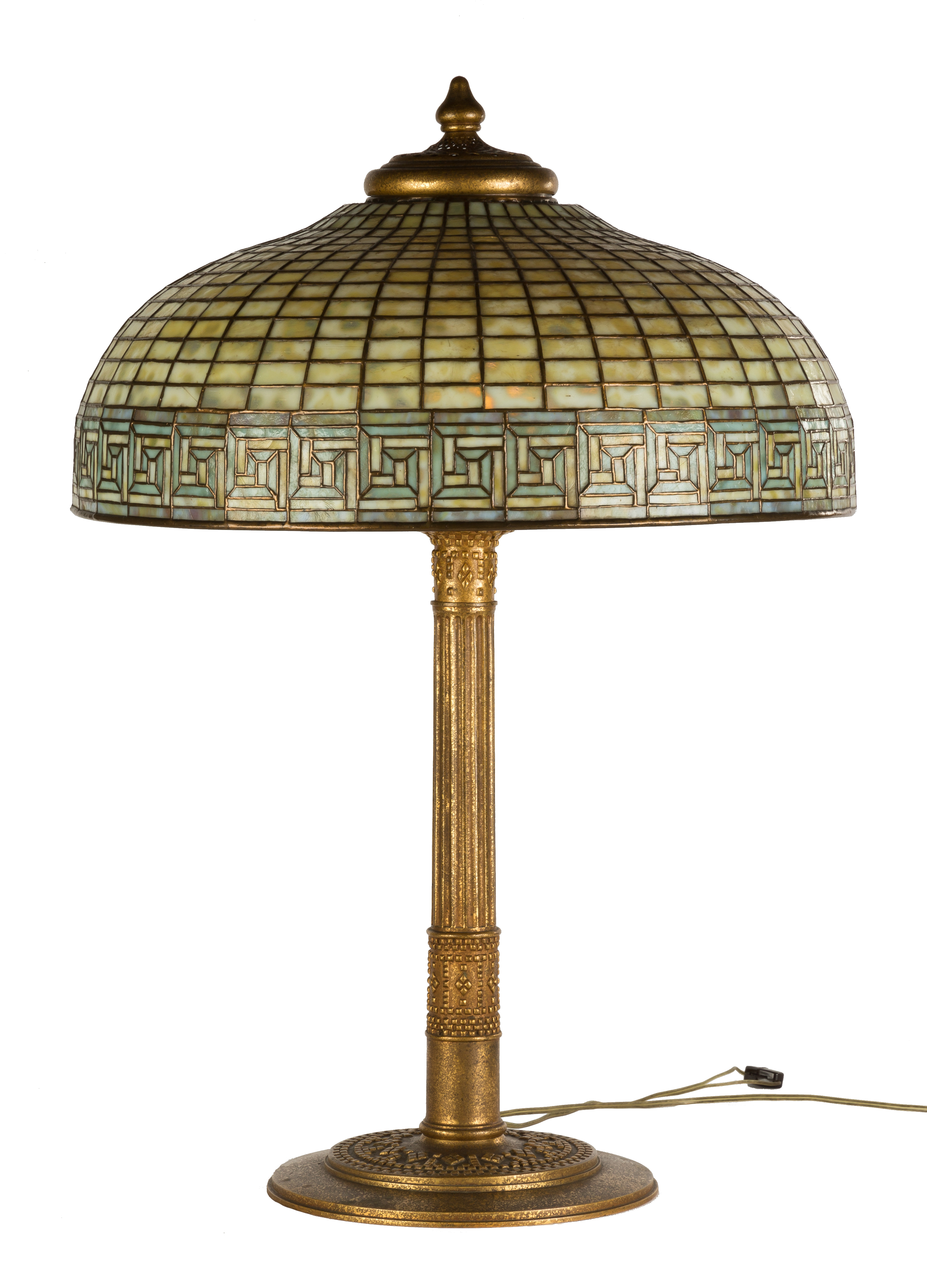 Tiffany Studios, New York, "Greek Key" Table Lamp. circa 1910. Leaded glass and gilded bronze. Shade - Image 2 of 5