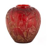 Lalique Vase,"Perruches". In red glass with bronze patination. France c. 1920. Drilled for lamp