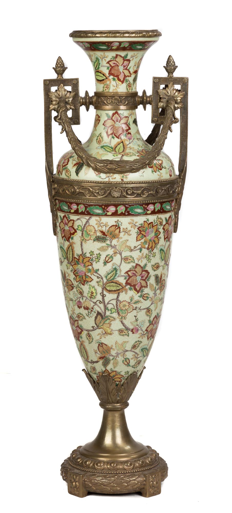 Bronze Mounted Decorated Porcelain Urn. 19th century. Decorated with applied gold and hand painted.