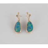 Pair of 14K Gold, Opal and Diamond Drop Earrings. Both marked 14K gold and 585. Total weight 3.5