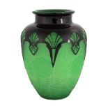 Steuben Art Deco Mirror Black Over Green Jade Acid Cut-Back Vase. Art Deco and floral design.