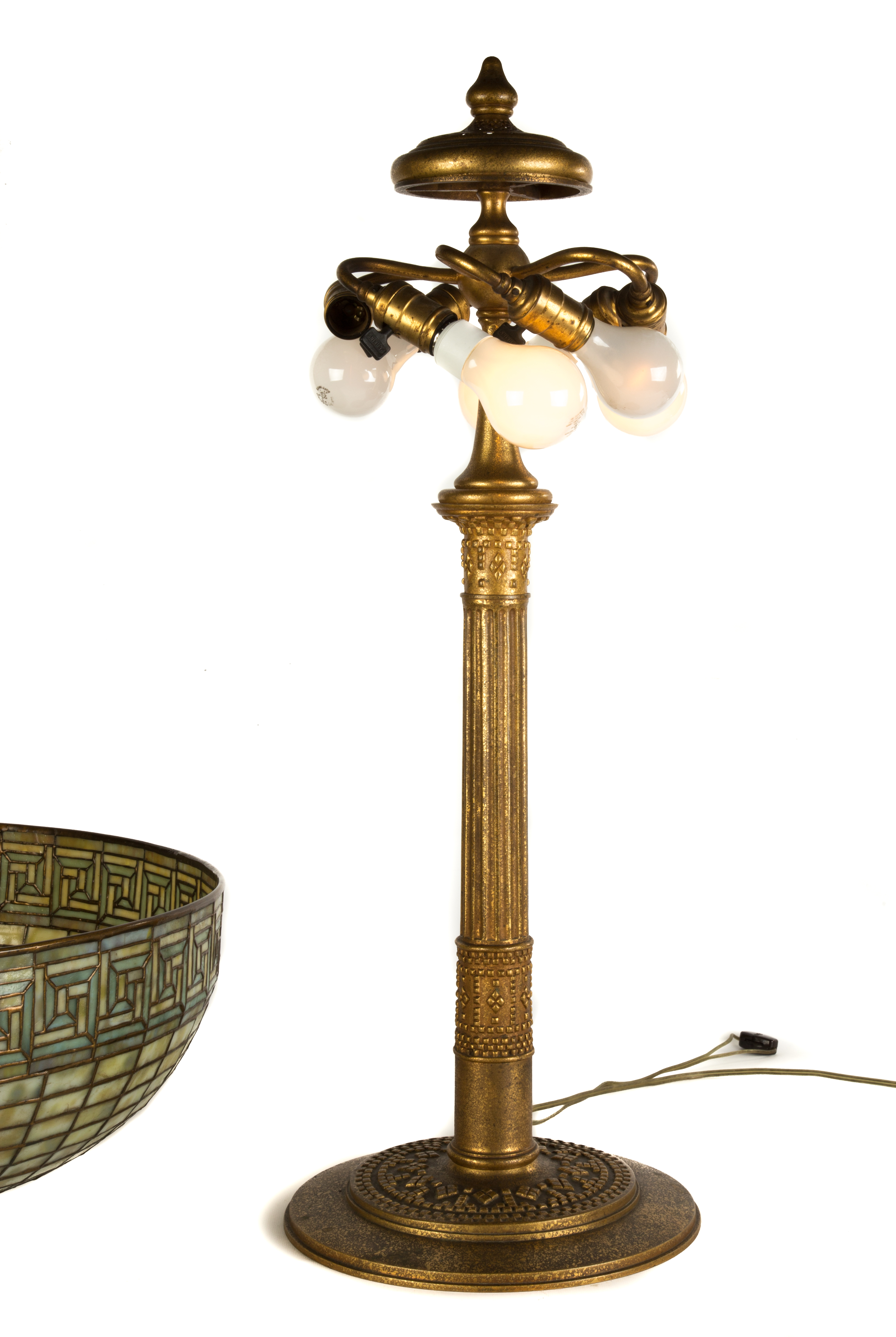 Tiffany Studios, New York, "Greek Key" Table Lamp. circa 1910. Leaded glass and gilded bronze. Shade - Image 3 of 5