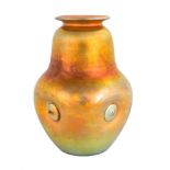 Steuben Gold Aurene Vase with Button Design. Inscribed 'Steuben Aurene 7103'. Excellent. Ht. 10"