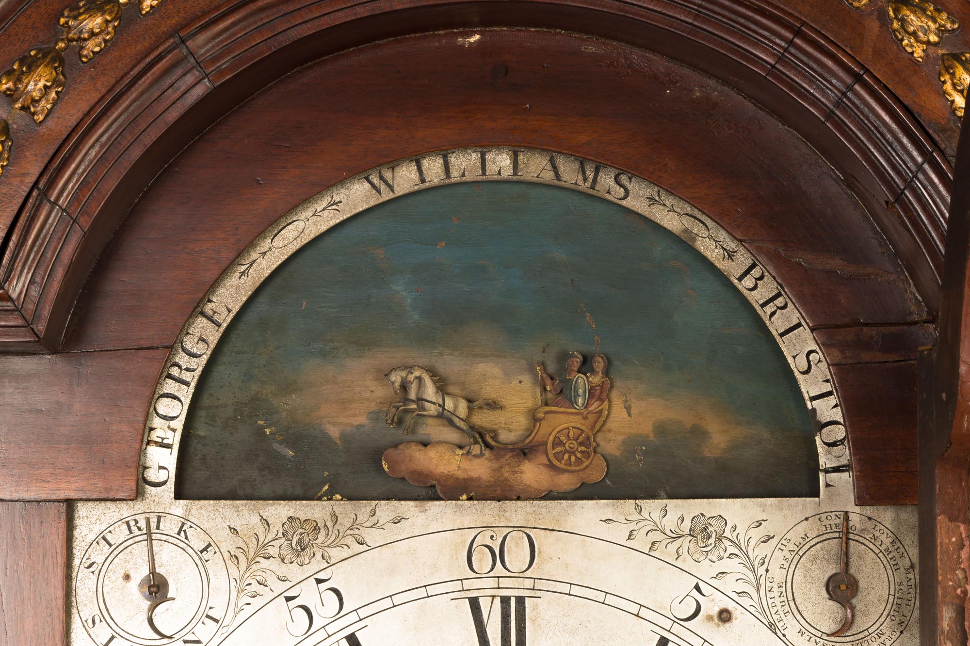 Bristol English Musical Tall Case Clock. Chariot rocking movement, silver engraved dial, with carved - Image 4 of 5