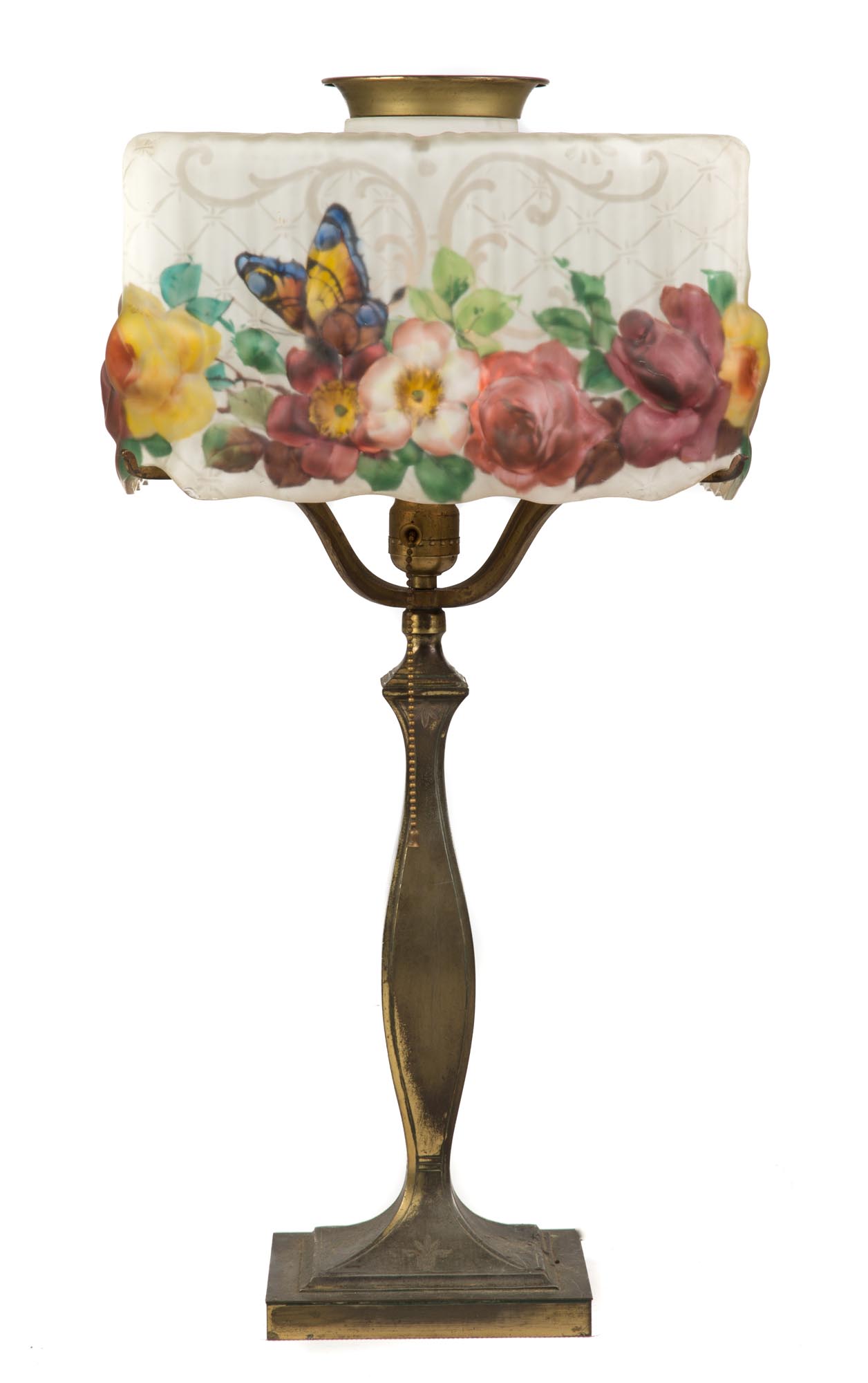 Pairpoint Puffy Rose & Butterfly Decorated Lamp with Square Shade. Early 20th century. Base has - Image 2 of 3