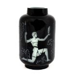 Steuben Mirror Black over Alabaster Vase with Greek Figures. circa 1932. Fredrick Carter and