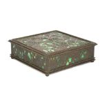 Tiffany Studios, New York, Grapevine Covered Box. Patinated bronze and glass. Brownish green patina.