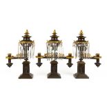 Gothic Three Piece Argon Lamp Garniture. Triple set of argand mantle lamps signed Clark, Coit &