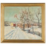 Walter Emerson Baum (American, 1884-1956) Winter Scene with Red Barn. Oil on artist board. Signed '
