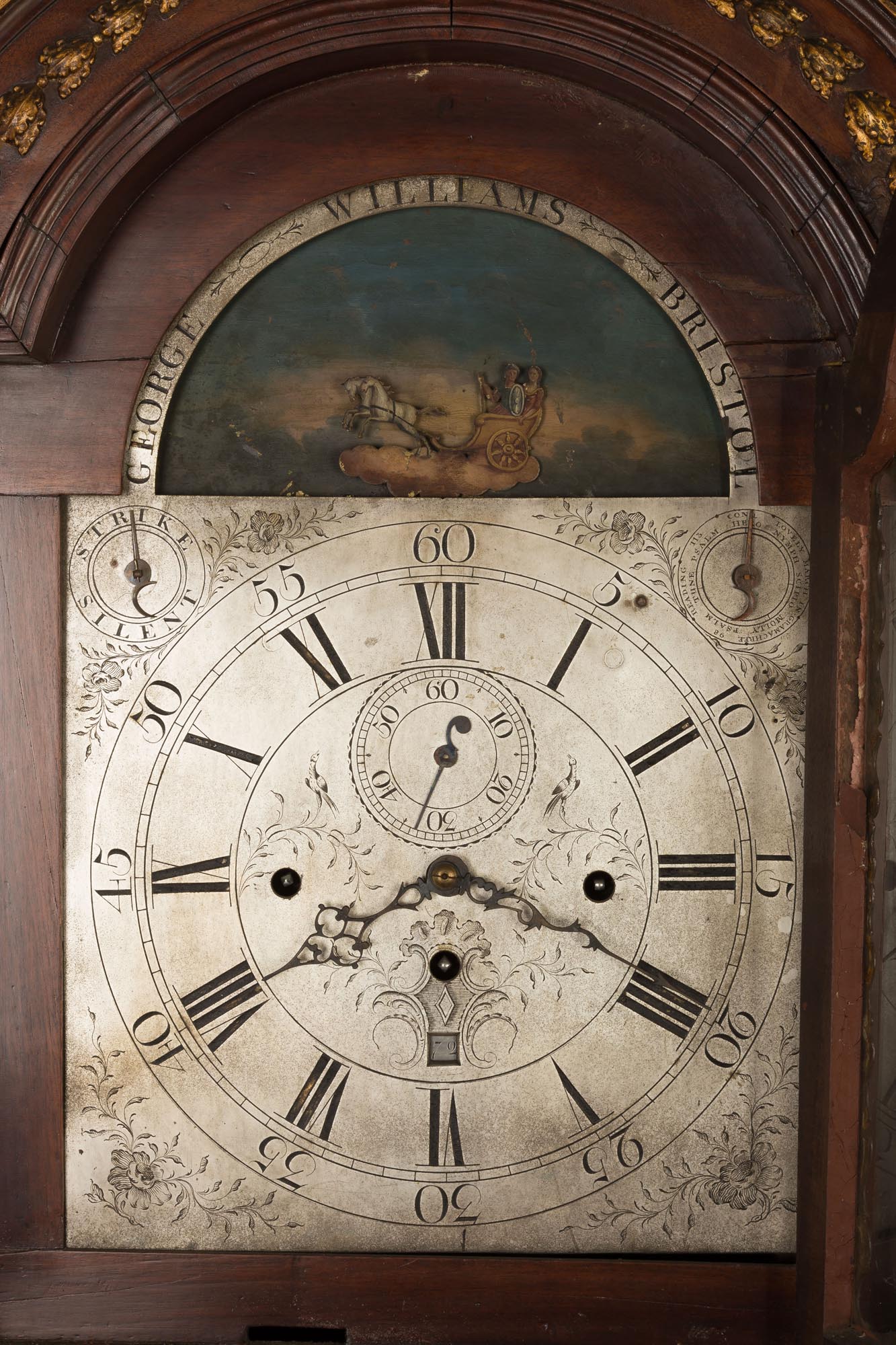 Bristol English Musical Tall Case Clock. Chariot rocking movement, silver engraved dial, with carved - Image 3 of 5