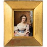 Miniature Watercolor of Young Girl. On back: Clara Stevens, age 18. Original giltwood frame. 5 1/
