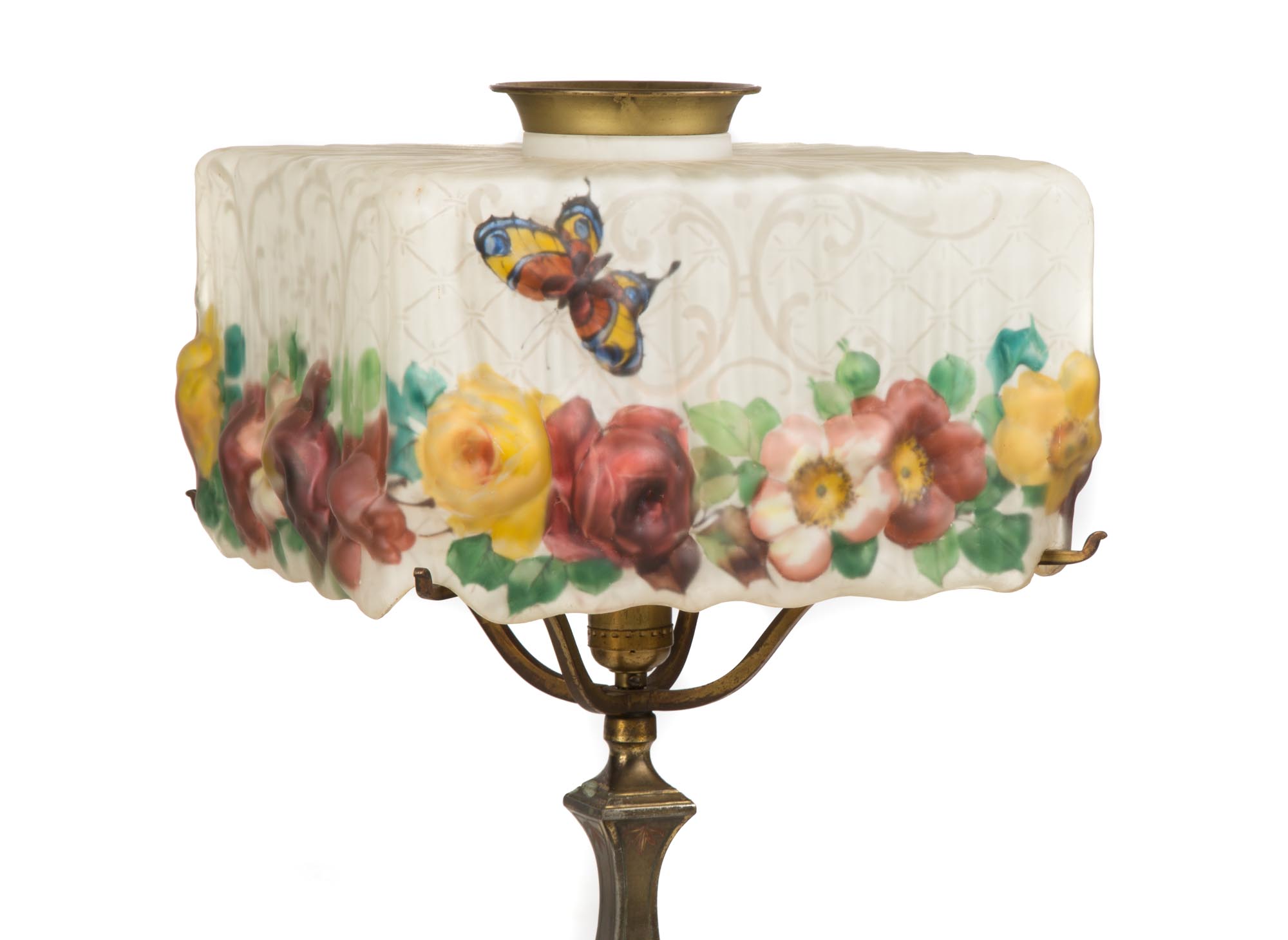 Pairpoint Puffy Rose & Butterfly Decorated Lamp with Square Shade. Early 20th century. Base has - Image 3 of 3